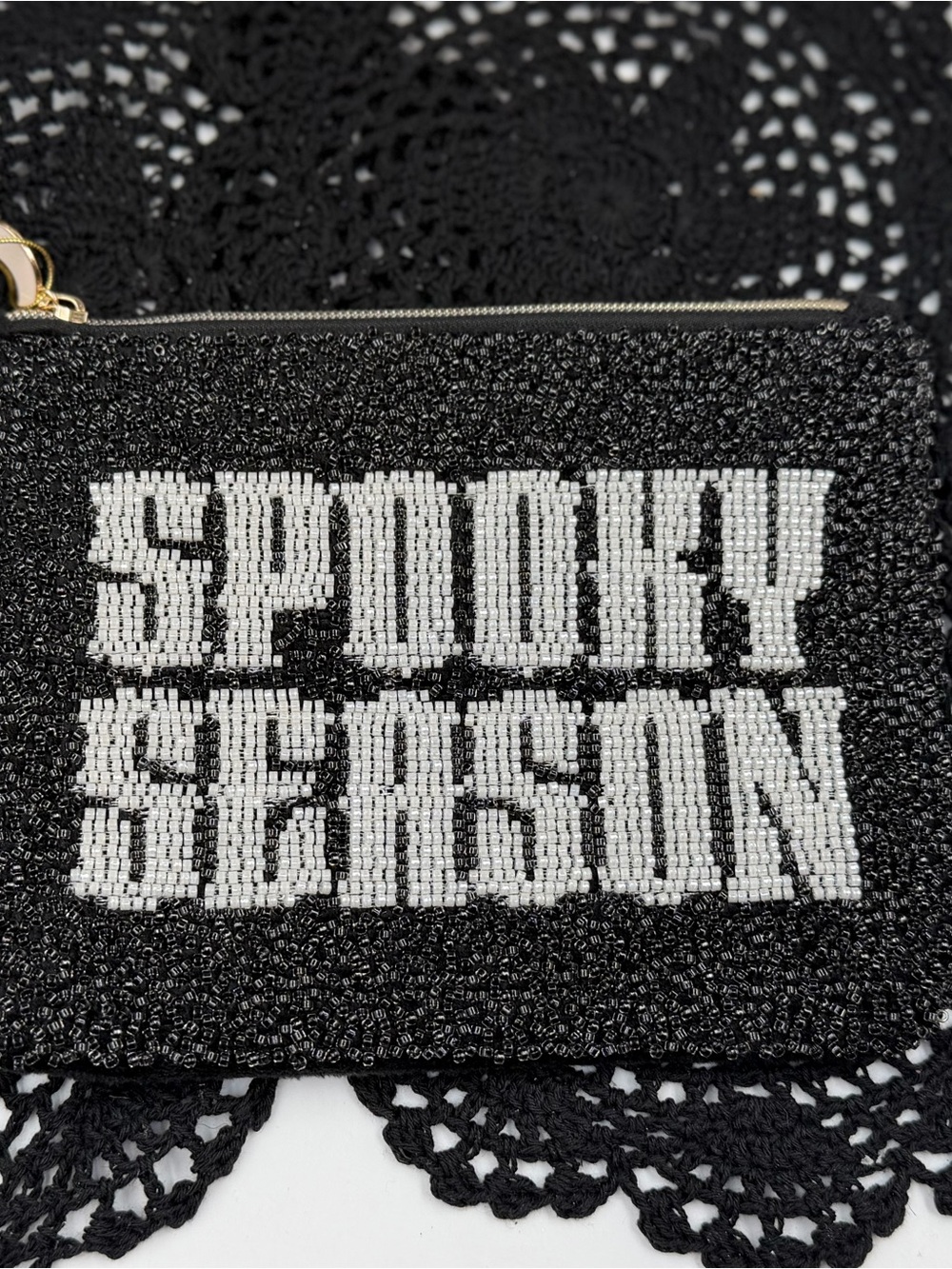 HomeGoods Fringe Studio Spooky Season Beaded Pouch Halloween Black Silver NWT/